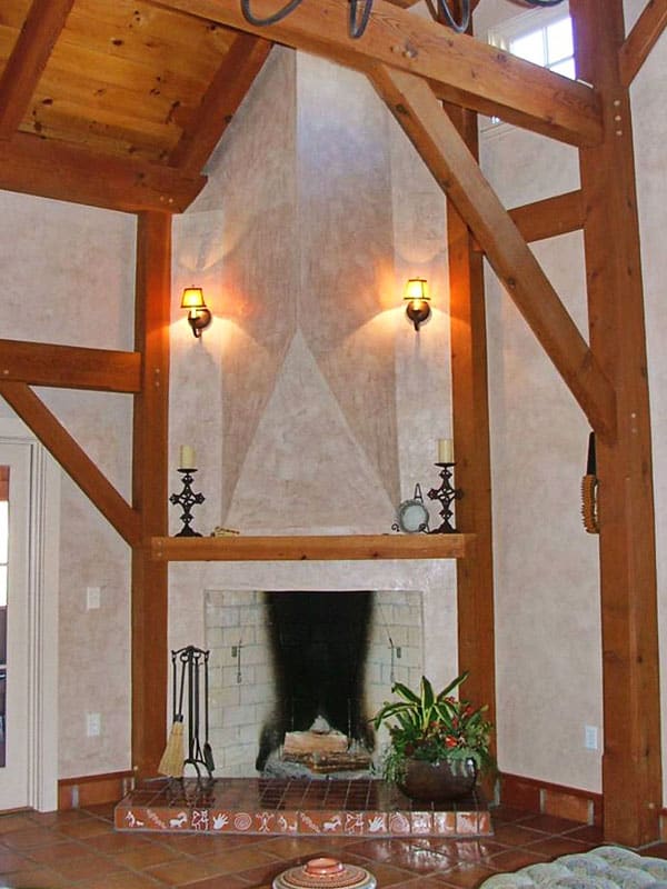 timber frame fireplace with Venetian plaster