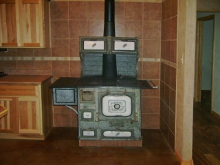 wood-burning stove with tile surround